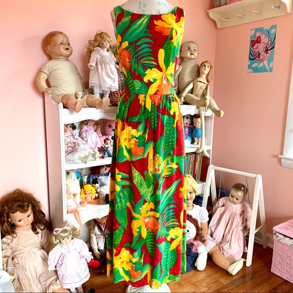 vintage 90s colorful bright tropical floral summer maxi sun dress M/L